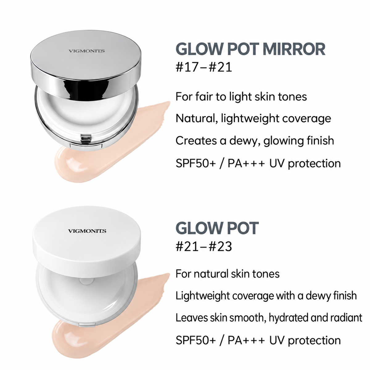 VEMONTES Glow Pot Cushion SPF50+ PA+++ – Mirror & White 16g
